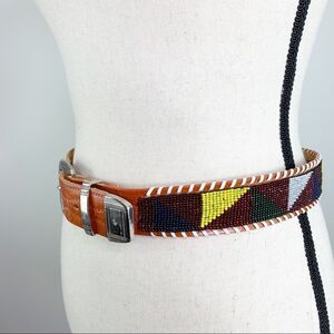 Vintage Native Gorgeous Hand Beaded Brown Wide Leather Belt Silver Buckle M